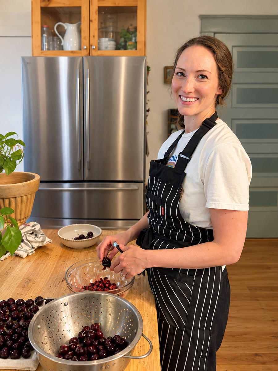 Woman in kitchen cooking with cherries
