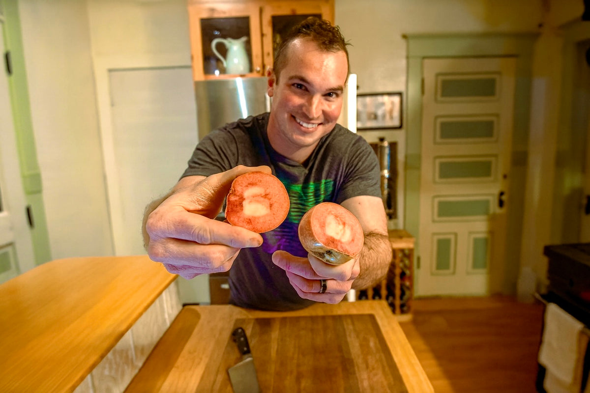 Airlie Red Flesh apples cut to show the rose-colored flesh inside