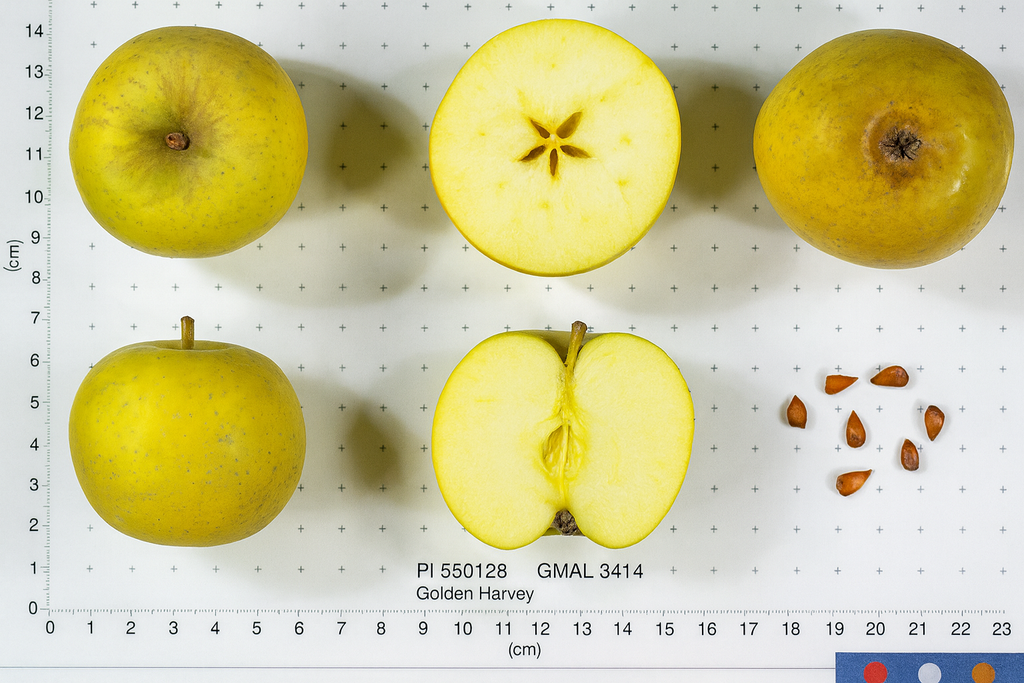 Golden Harvey cider apples shown whole and cut beside a size scale