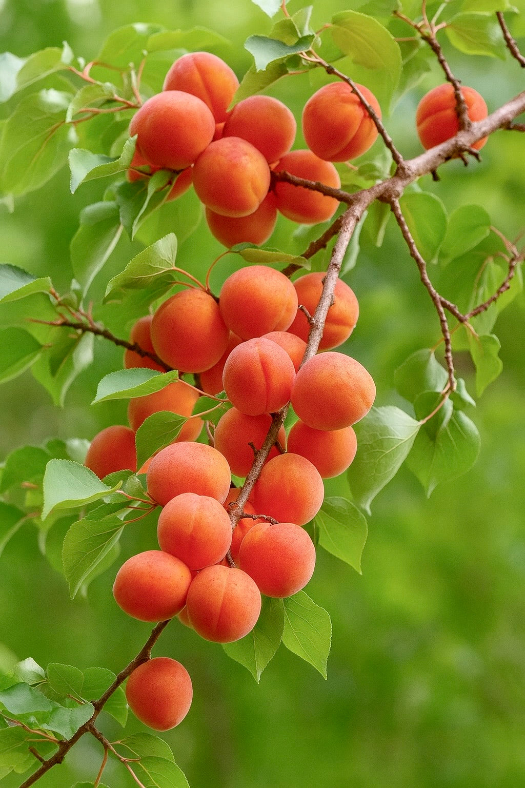 Harlayne apricots ripening in clusters on the branch
