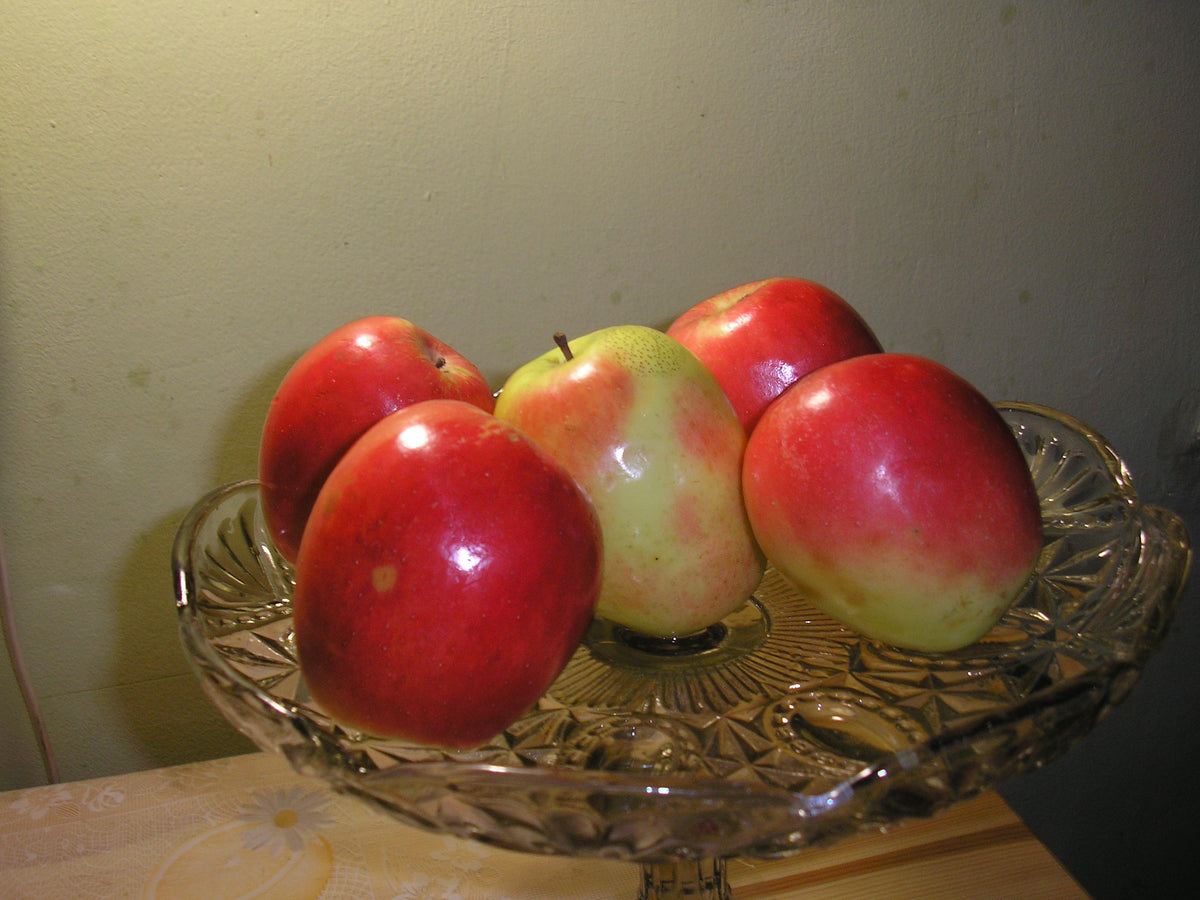Kandil Sinap apples on a glass fruit stand