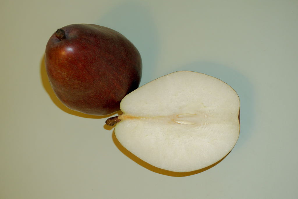A Red d'Anjou pear cut in half showing its creamy flesh