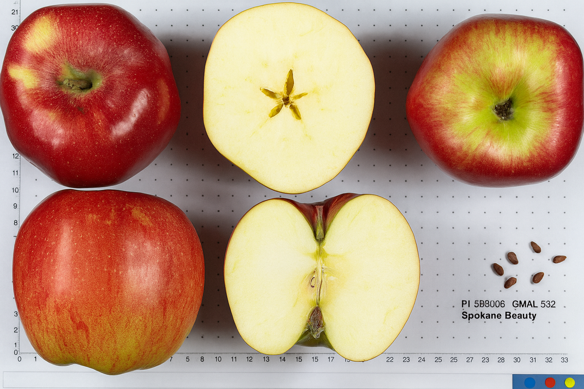 Spokane Beauty apples shown whole and cut beside a size scale